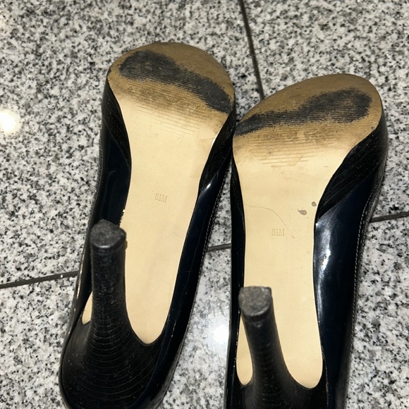 Marc Fisher navy patent leather and fabric sided open toed platform heels - Picture 7 of 7